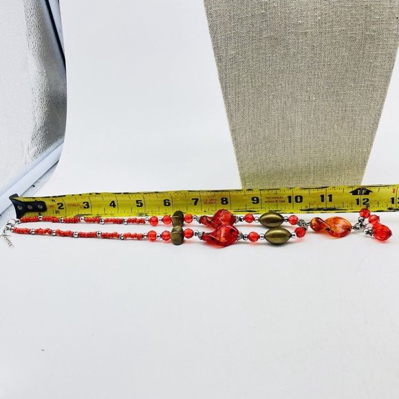 Red Orange Beaded Necklace Twisted Glass Accents Tassel Silver Tone Boho Gift - Picture 2 of 6